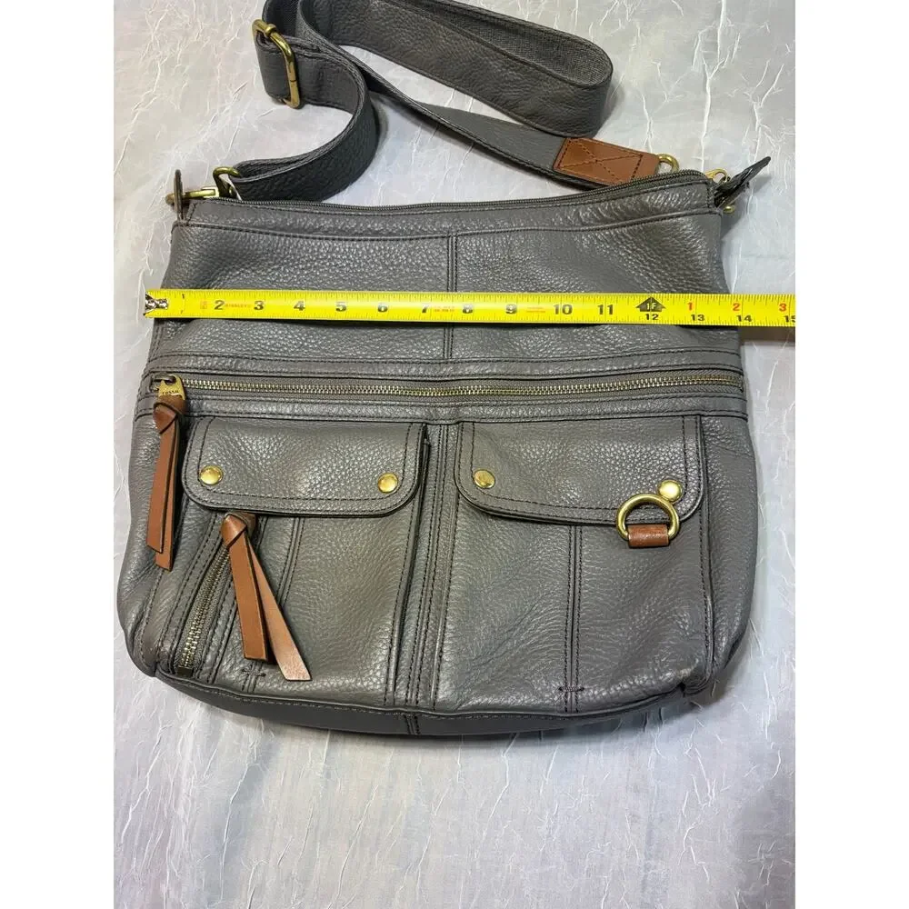 Fossil Morgan Traveler Gray Pebbled Leather Crossbody Messenger Bag
